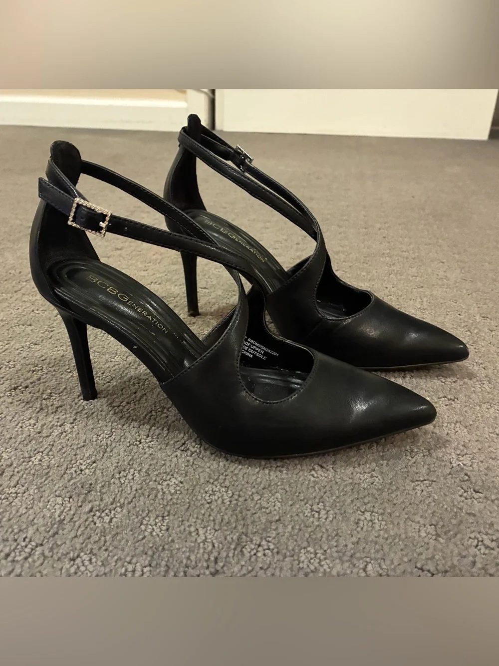 BCBGeneration Black Pointed Toe Crisscross Ankle Strap Heels